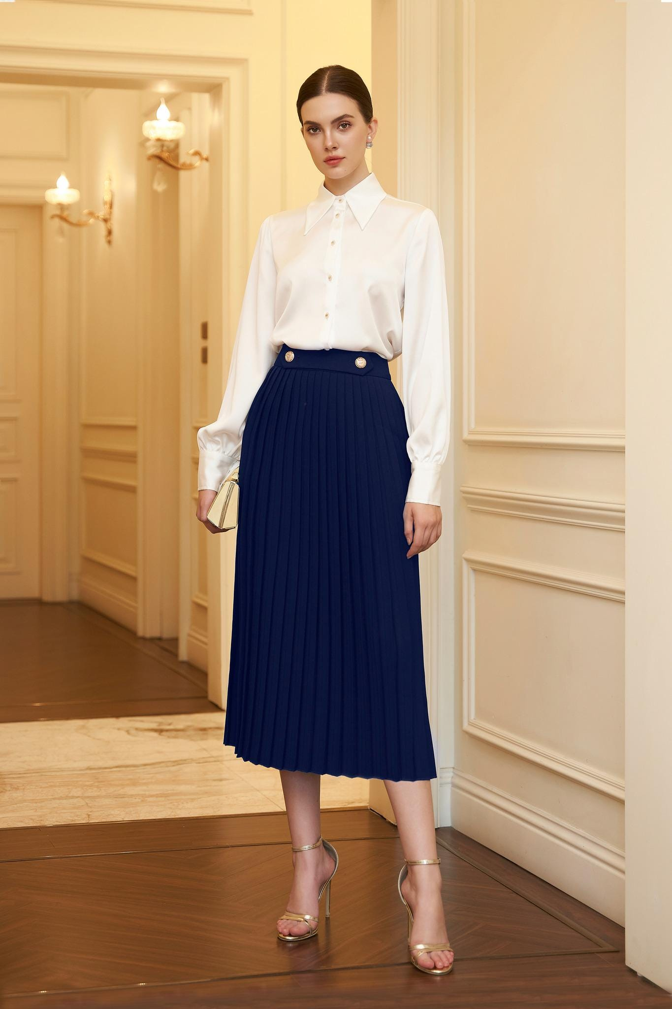 Navy Blue Linen Pleated Midi Skirt for Women, Casual High Waist Skirt, Button Detail A-Line Skirt, Elegant Everyday Skirt