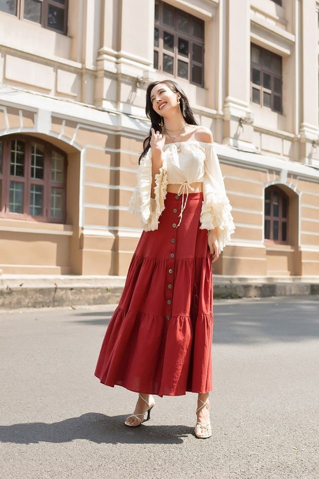 Red Linen Maxi Skirt for Women, Casual High Waist Tiered Skirt, Boho Summer Skirt, Flowing Vacation Skirt