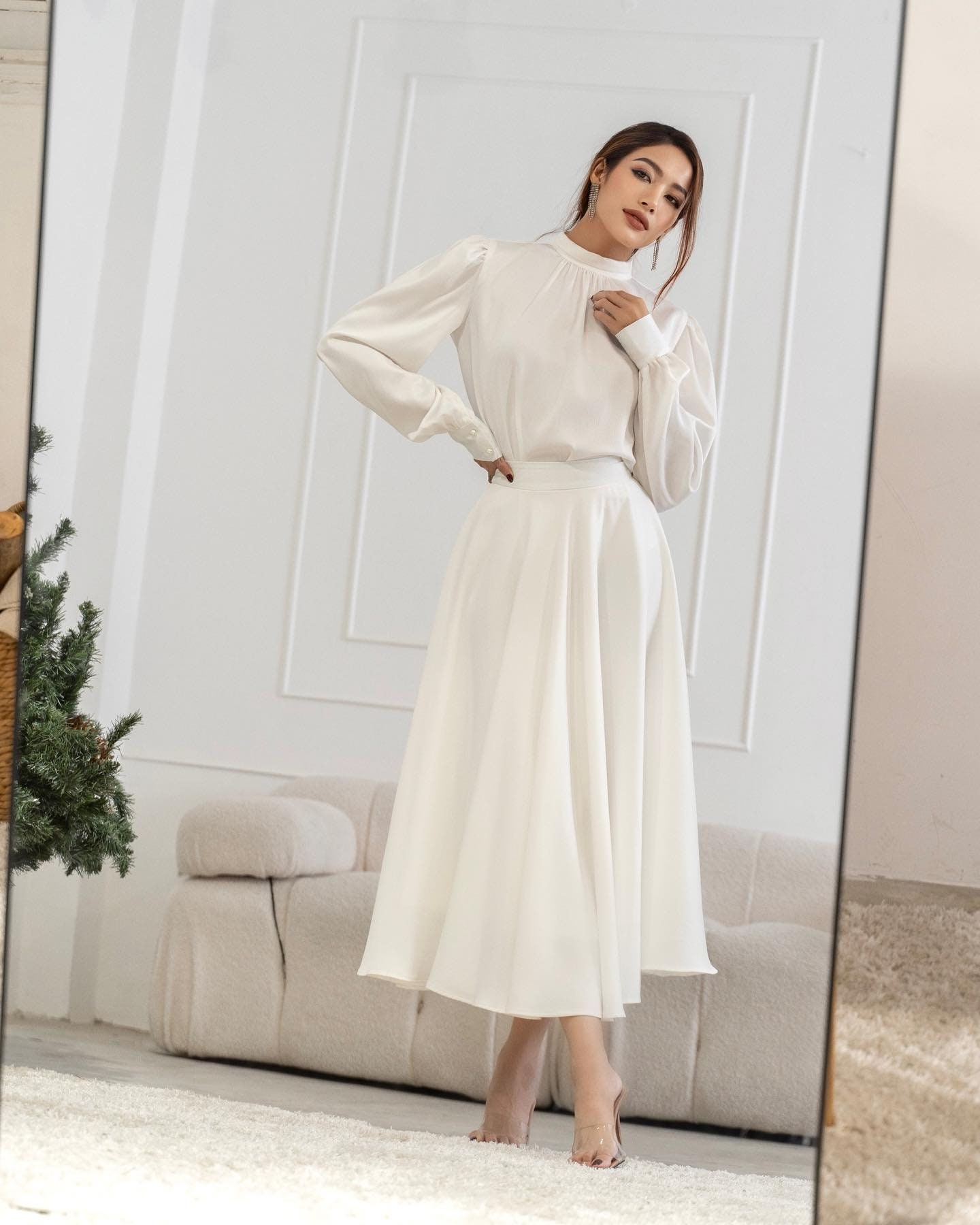 Ivory Linen Midi Skirt for Women, Casual High Waist A-Line Skirt, Elegant Minimalist Summer Skirt