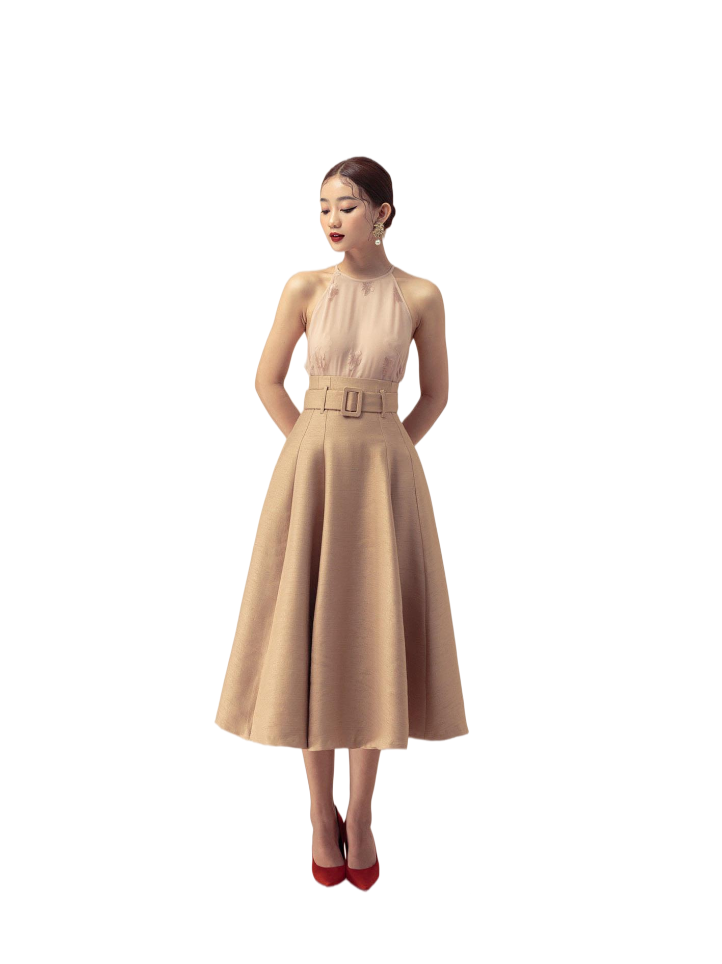 Beige Linen Midi Skirt for Women, Casual High Waist A-Line Skirt, Belted Waist Summer Skirt, Elegant Everyday Skirt