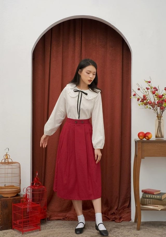 Red Linen Midi Skirt for Women, Casual High Waist Pleated Skirt, A-Line Summer Skirt, Elegant Everyday Skirt